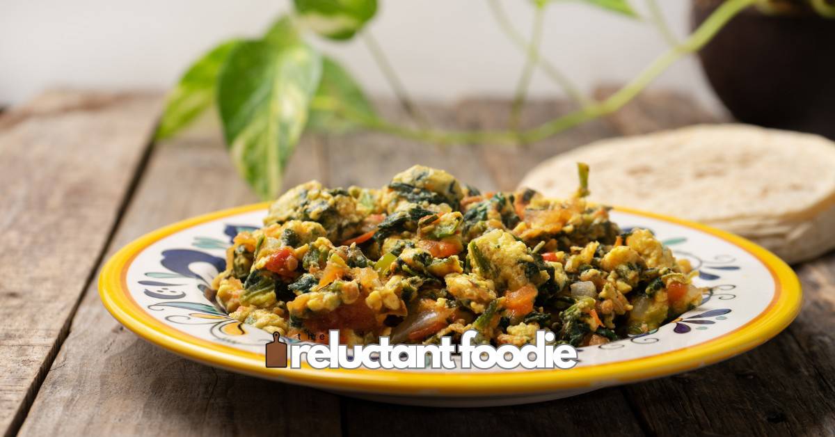 veggie and egg free scramble in colorful bowl on wooden counter