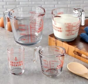 glass measuring cups set on kitchen counter