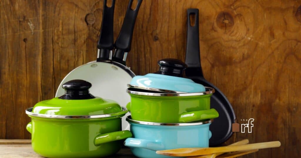 multi color ceramic cookware set on counter
